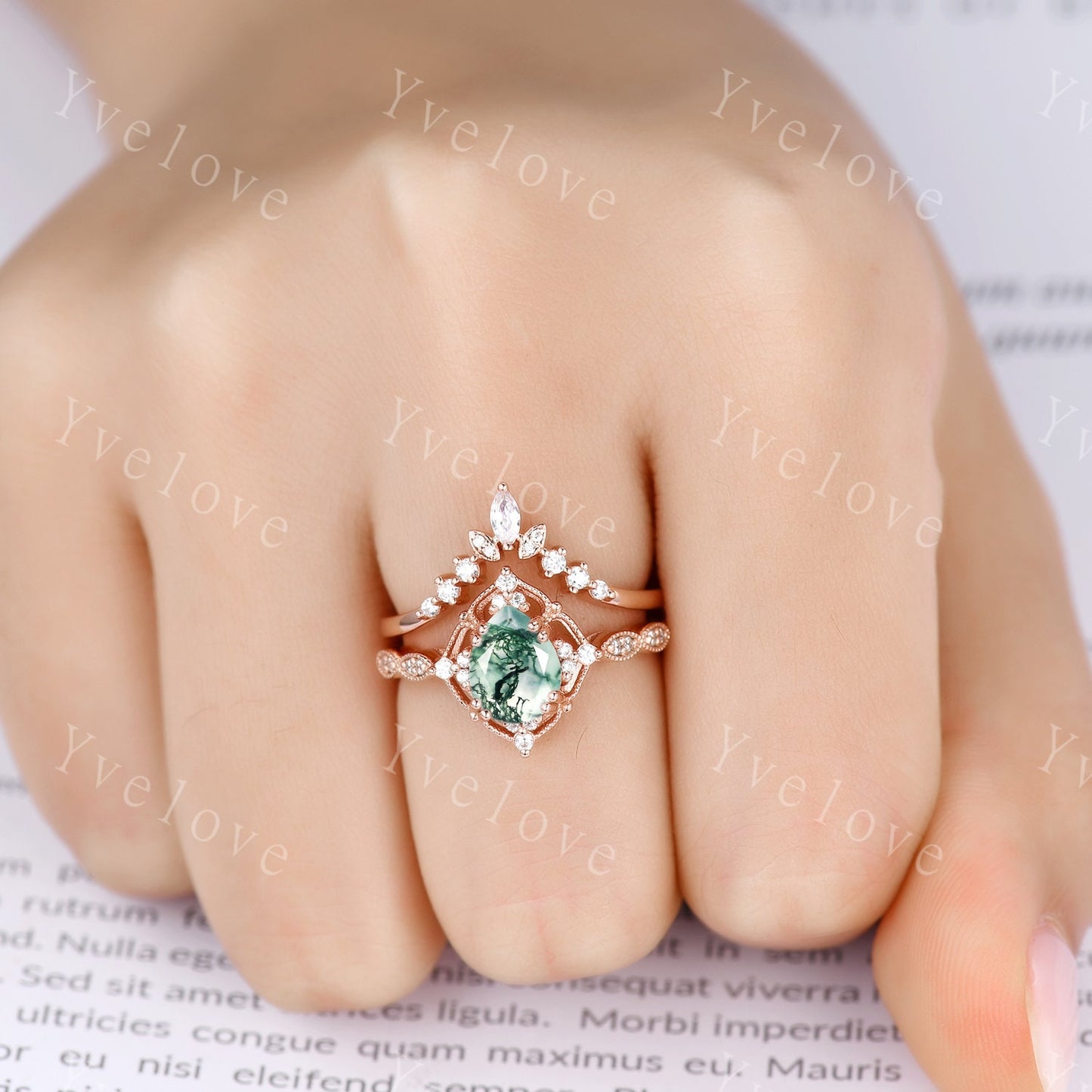 Vintage Moss Agate Engagement Ring,6x8mm Pear Agate Bridal Ring Set,V Curved Moissanite Stacking Band,Solid Gold,Women Rings Gift For Her