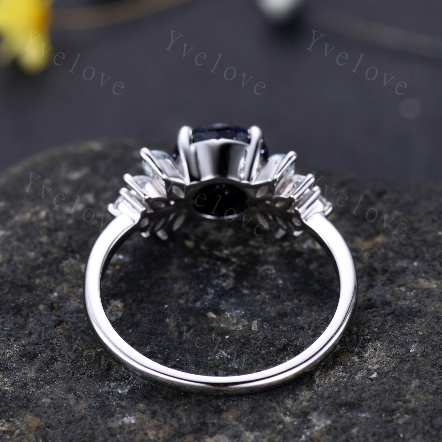 Galaxy Ring,Round Cut Bule Sandstone Ring,Sandstone Engagement Ring,Nebula Ring,Sterling Silver Ring,Marquise Aquamarine Promise Ring Gift