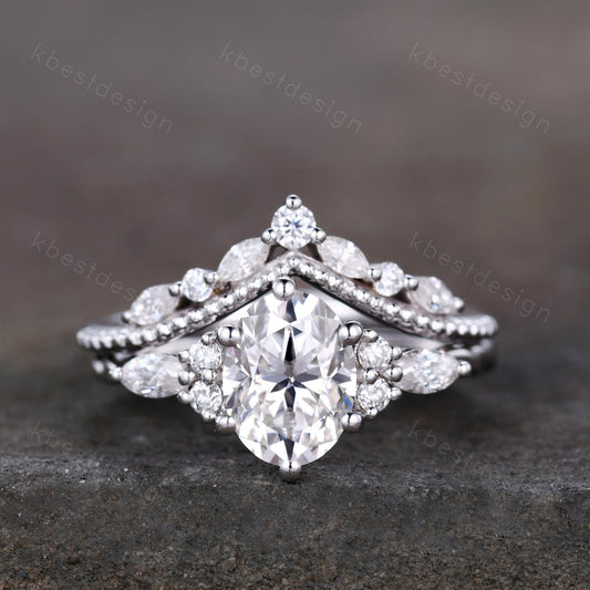 Oval Moissanite engagement ring vintage unique Cluster white gold engagement ring women Marquise stacking matching band Bridal Promise Ring
