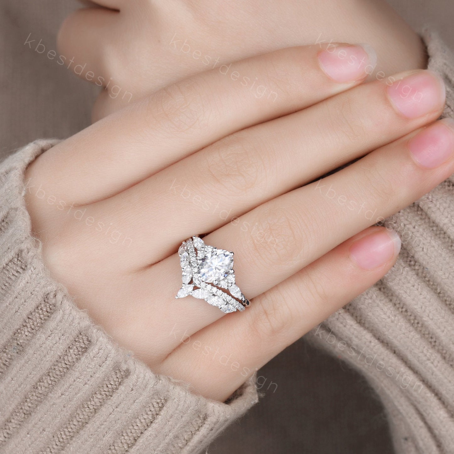 Vintage Moissanite Engagement Ring Set White Gold Oval Shaped Cluster Moissanite Bridal Set Art Deco Moissanite Wedding Ring Set Women Gift