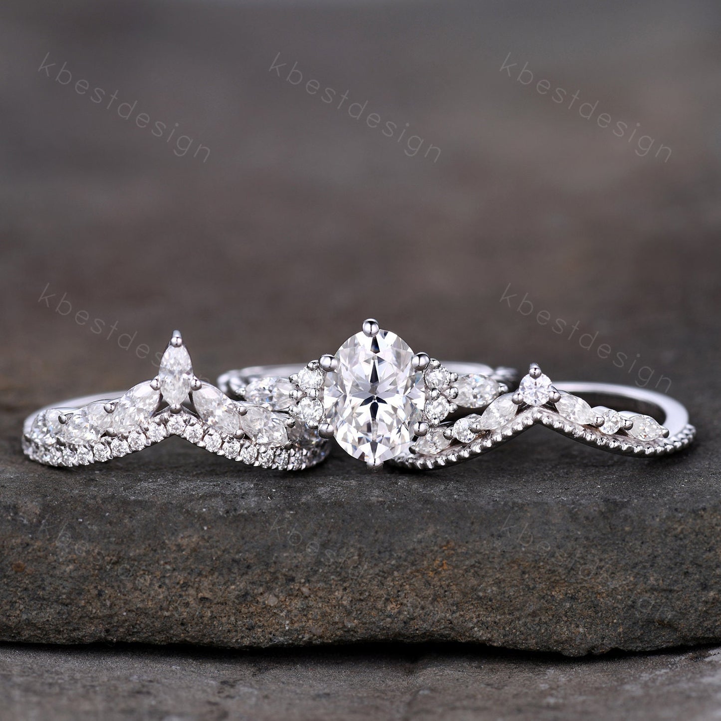 Vintage Moissanite Engagement Ring Set White Gold Oval Shaped Cluster Moissanite Bridal Set Art Deco Moissanite Wedding Ring Set Women Gift