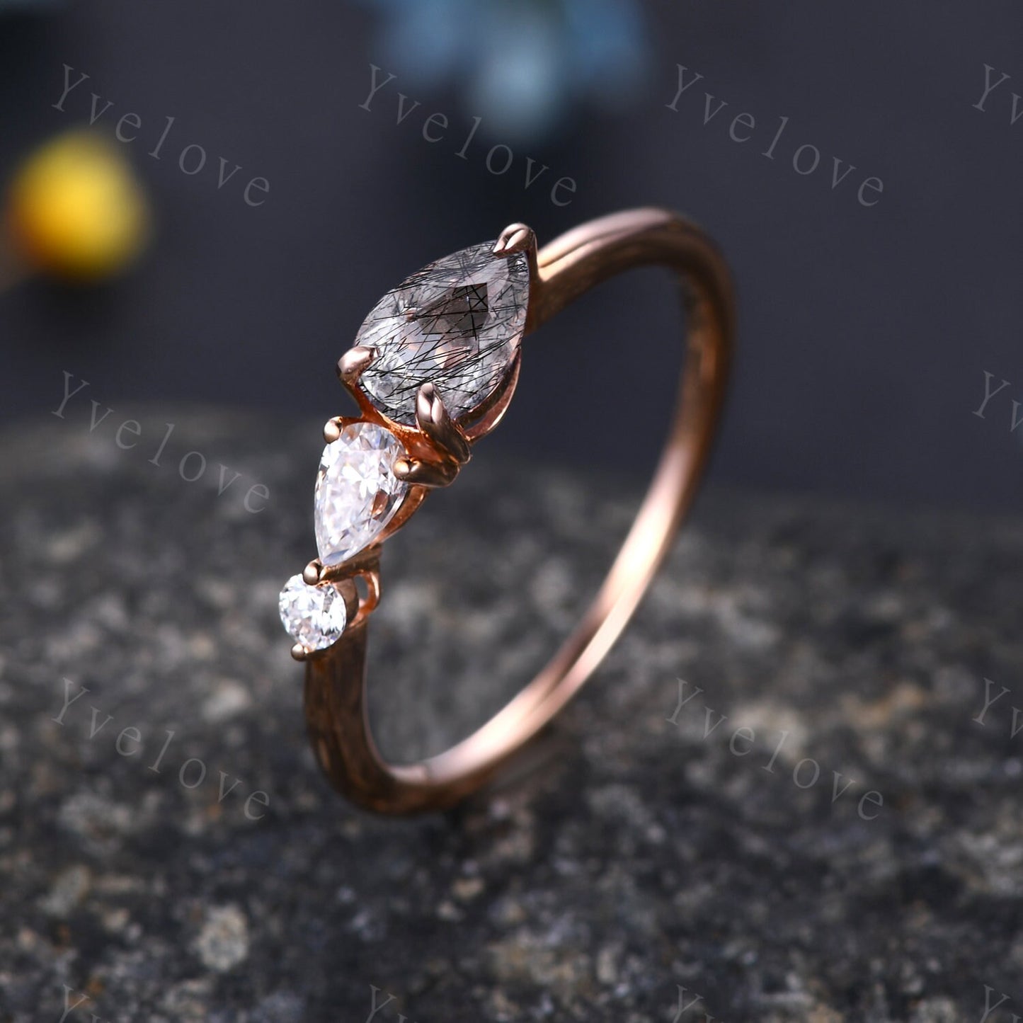 Vintage Black Rutilated Quartz  Engagement Ring,Pear Cut Gems,Art Deco Moissanite Wedding Band,3 Stone Unique Women Bridal Promise Ring Gift