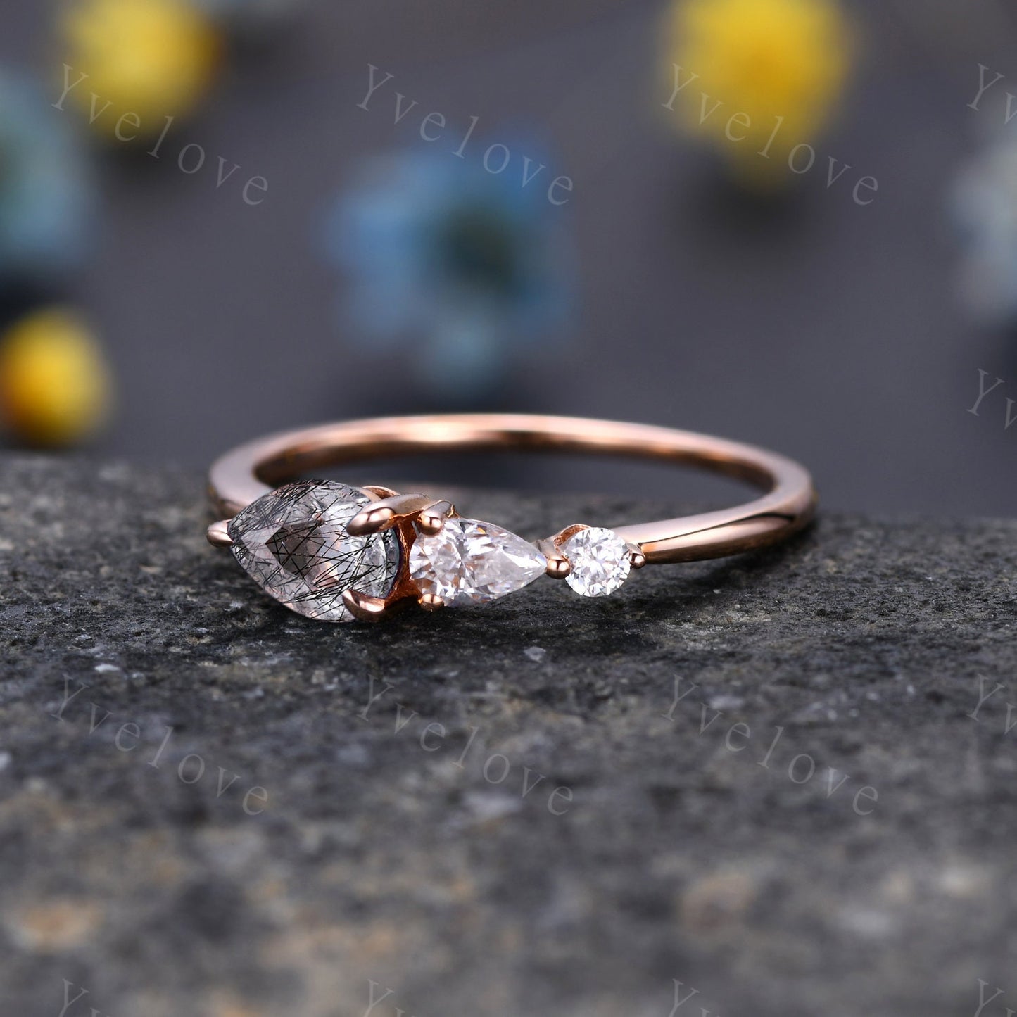 Vintage Black Rutilated Quartz  Engagement Ring,Pear Cut Gems,Art Deco Moissanite Wedding Band,3 Stone Unique Women Bridal Promise Ring Gift