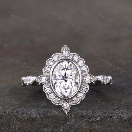 1.5CT Oval Moissanite engagement ring vintage unique halo white gold engagement women art deco wedding Bridal Ring Promise Anniversary ring