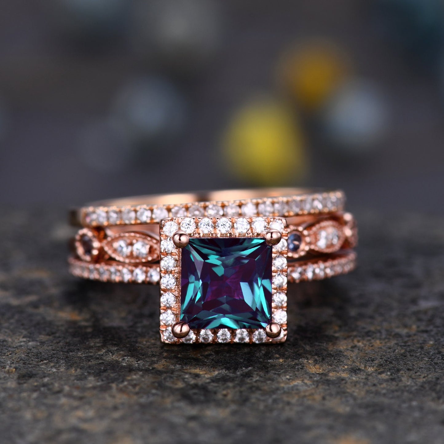 3PCS Vintage Princess Cut Alexandrite Engagement Ring,Alexandrite ring,Moissanite Ring Set,Bridal Wedding Ring Set,Women Rose Gold Ring Gift