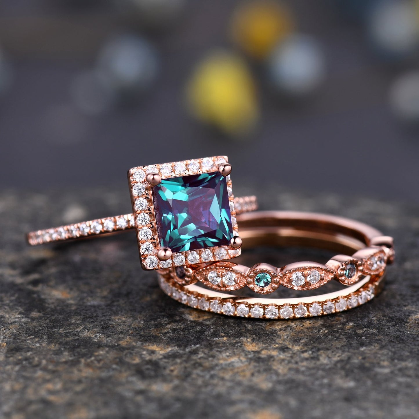 3PCS Vintage Princess Cut Alexandrite Engagement Ring,Alexandrite ring,Moissanite Ring Set,Bridal Wedding Ring Set,Women Rose Gold Ring Gift
