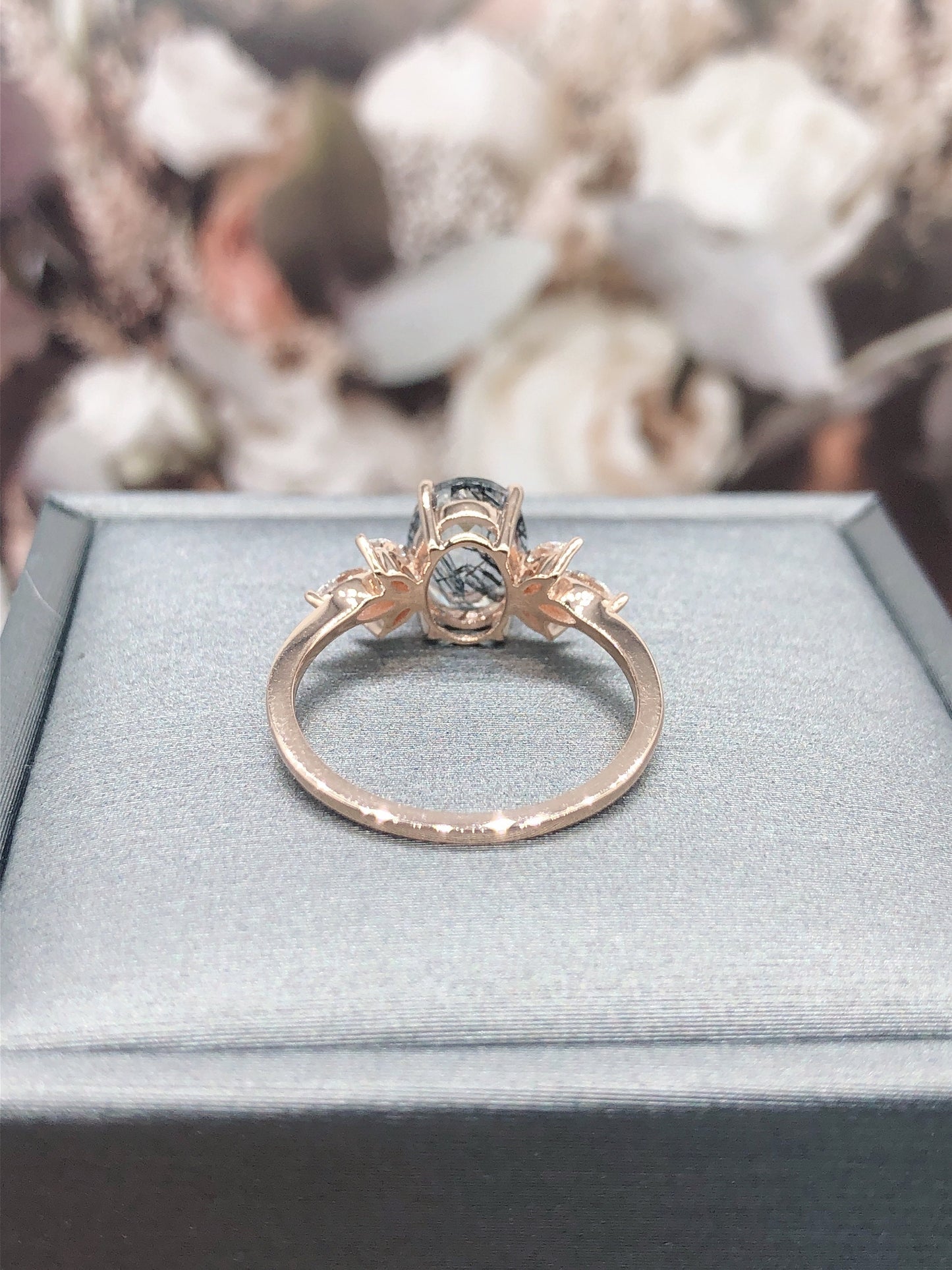 Vintage Black Rutilated Quartz Engagement Ring Art Deco Ring Women Stacking Diamond Moissanite Matching Band Unique Retro Floral Jewelry