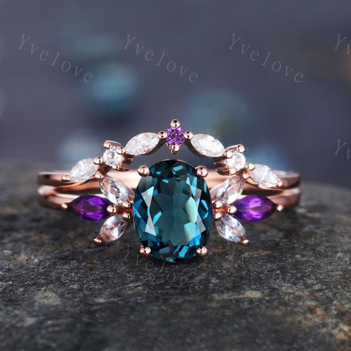 London Blue Topaz Engagement Ring,Natural Topaz,14K Rose Gold Women Moissanite Amethyst Gem Matching Band,Bridal Stacking Ring Gift for her