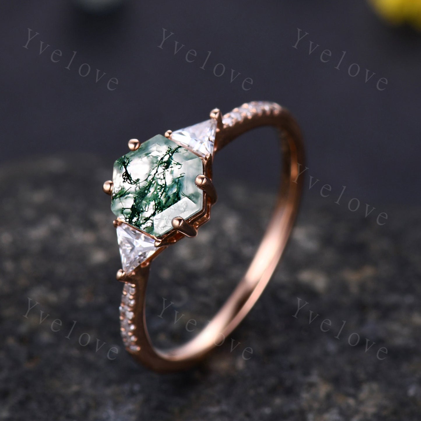 Hexagon Cut Moss Agate Engagement Ring,Vingate Bridal Ring,925 Silver,Gothic Ring,Anniversary Wedding Ring Birthday Gift for Her