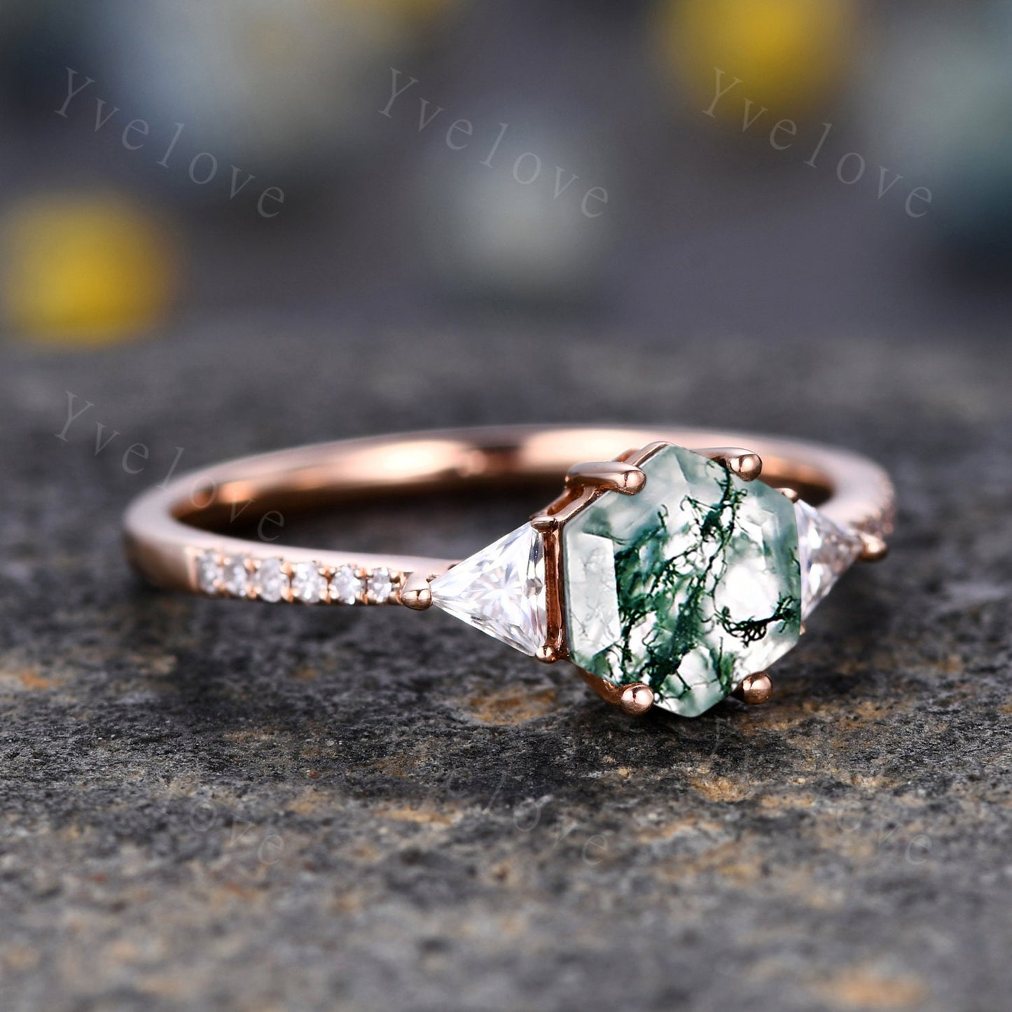 Hexagon Cut Moss Agate Engagement Ring,Vingate Bridal Ring,925 Silver,Gothic Ring,Anniversary Wedding Ring Birthday Gift for Her