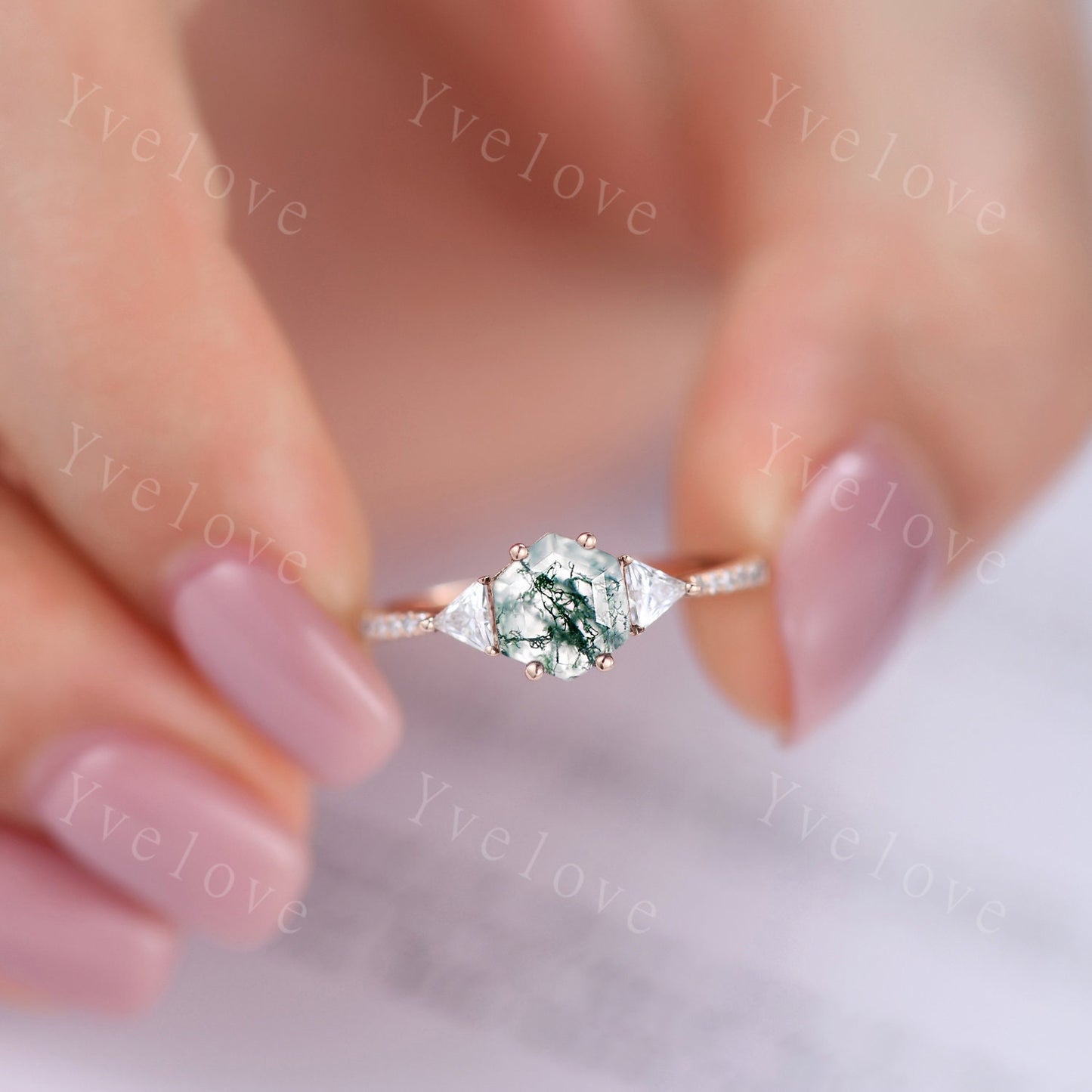 Hexagon Cut Moss Agate Engagement Ring,Vingate Bridal Ring,925 Silver,Gothic Ring,Anniversary Wedding Ring Birthday Gift for Her