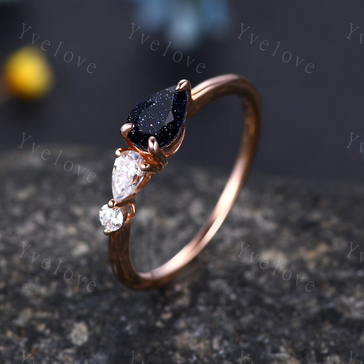 Vintage Sandstone Engagement Ring,Pear Cut Gems,Art Deco Moissanite Wedding Band,3 Stone Unique Women Bridal Promise Ring,Sterling Silver