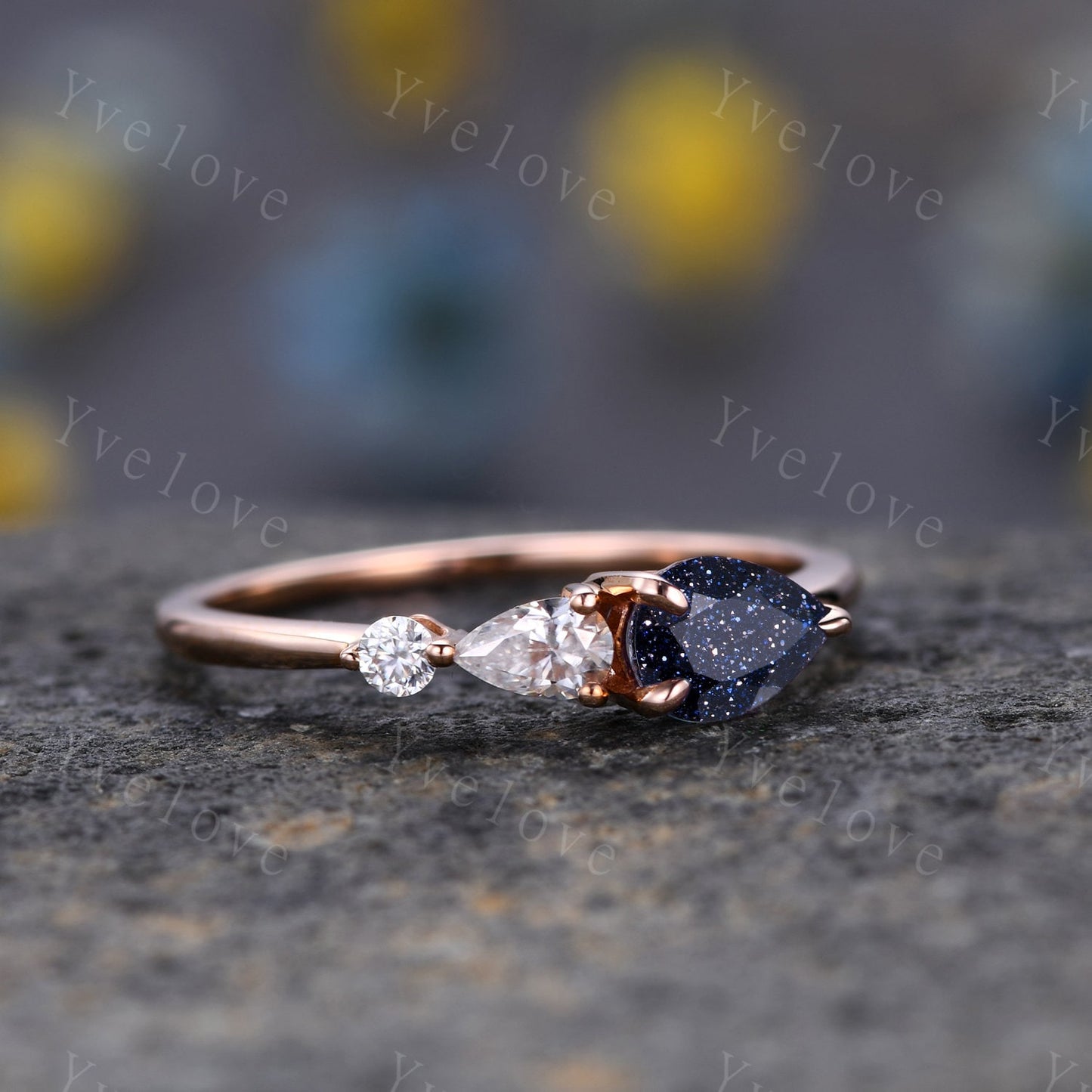 Vintage Sandstone Engagement Ring,Pear Cut Gems,Art Deco Moissanite Wedding Band,3 Stone Unique Women Bridal Promise Ring,Sterling Silver