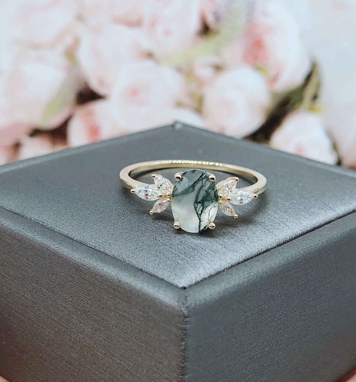 Moss Agate Engagement Ring,Women Stacking Matching Band Diamond/Moissanite Eternity Ring,14k Gold,Unique Vintage Floral Design Promise Gift