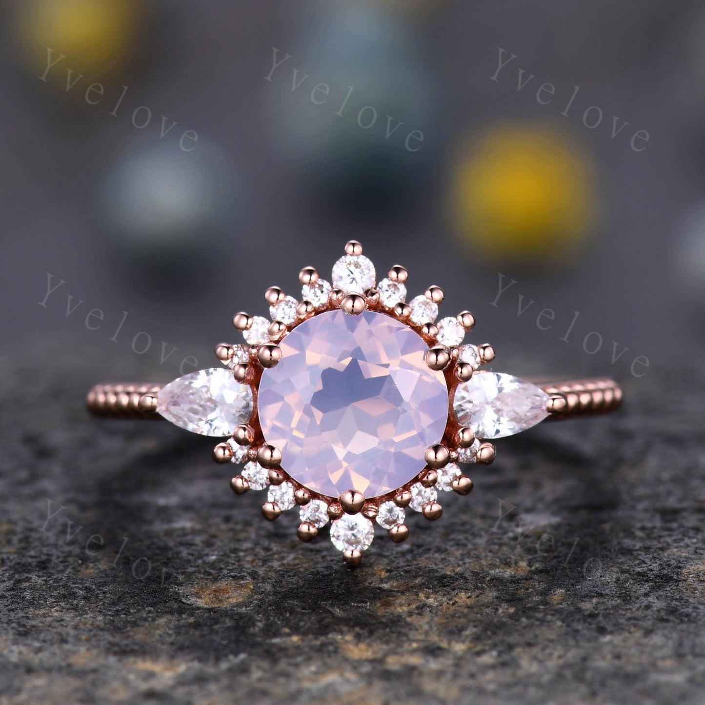 Vintage Lavender Amethyst Engagement Ring Set,Purple Amethyst Ring,Lavender Ring,Pear Moissanite Side Stone,14K Solid Gold,Women Ring Gift