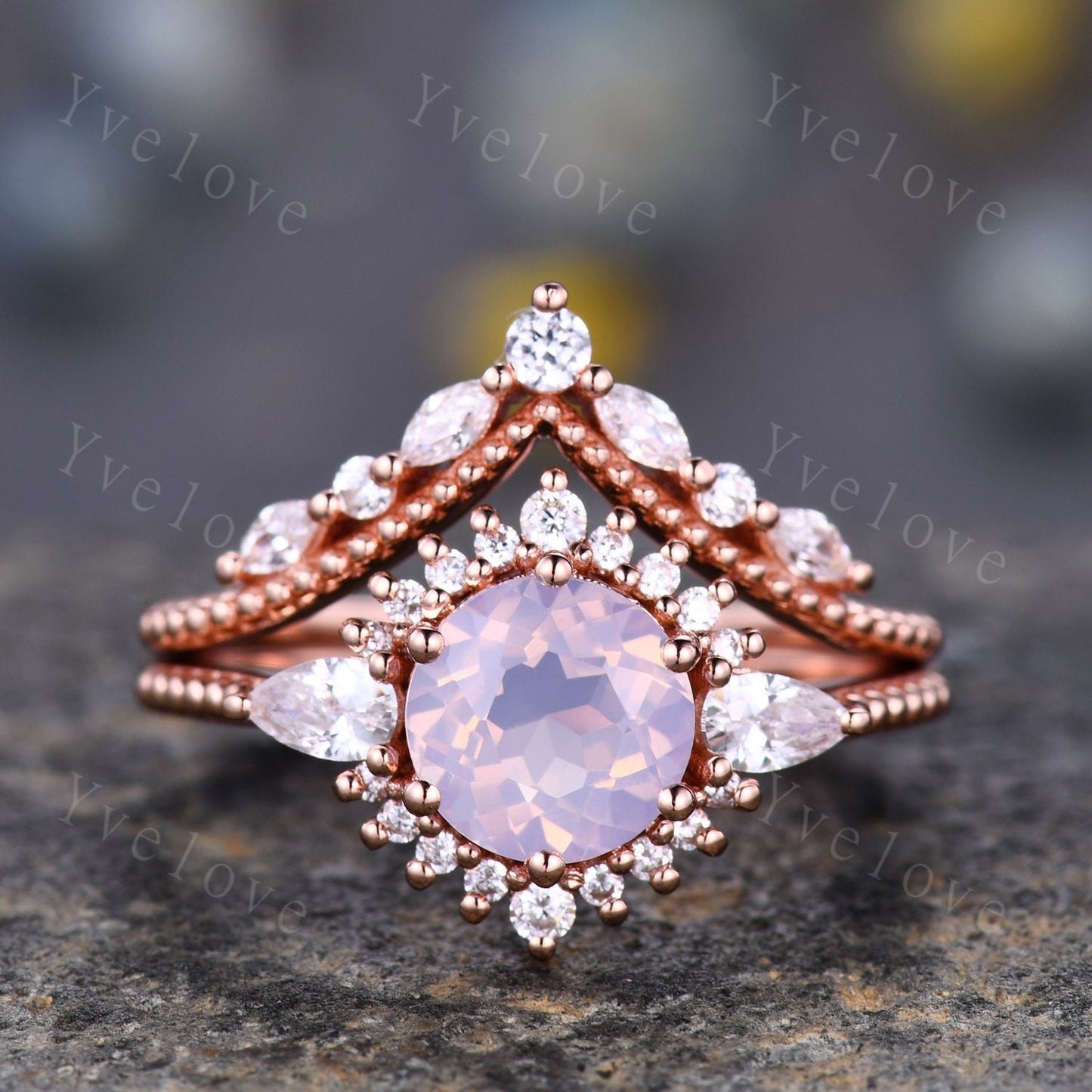 Vintage Lavender Amethyst Engagement Ring Set,Purple Amethyst Ring,Lavender Ring,Pear Moissanite Side Stone,14K Solid Gold,Women Ring Gift
