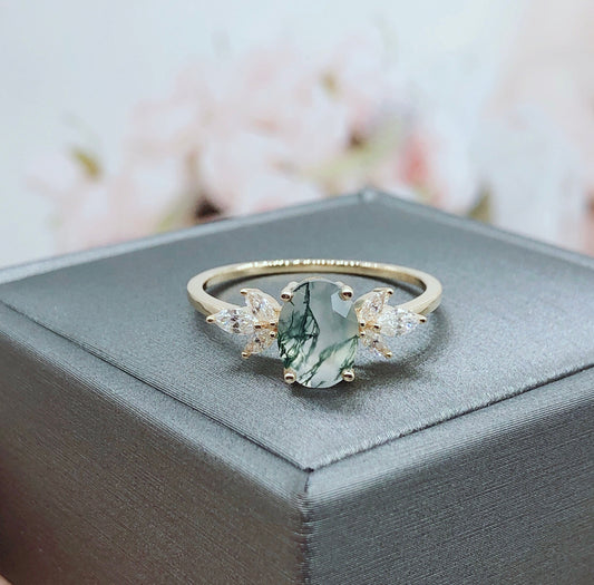 Moss Agate Engagement Ring,Women Stacking Matching Band Diamond/Moissanite Eternity Ring,14k Gold,Unique Vintage Floral Design Promise Gift