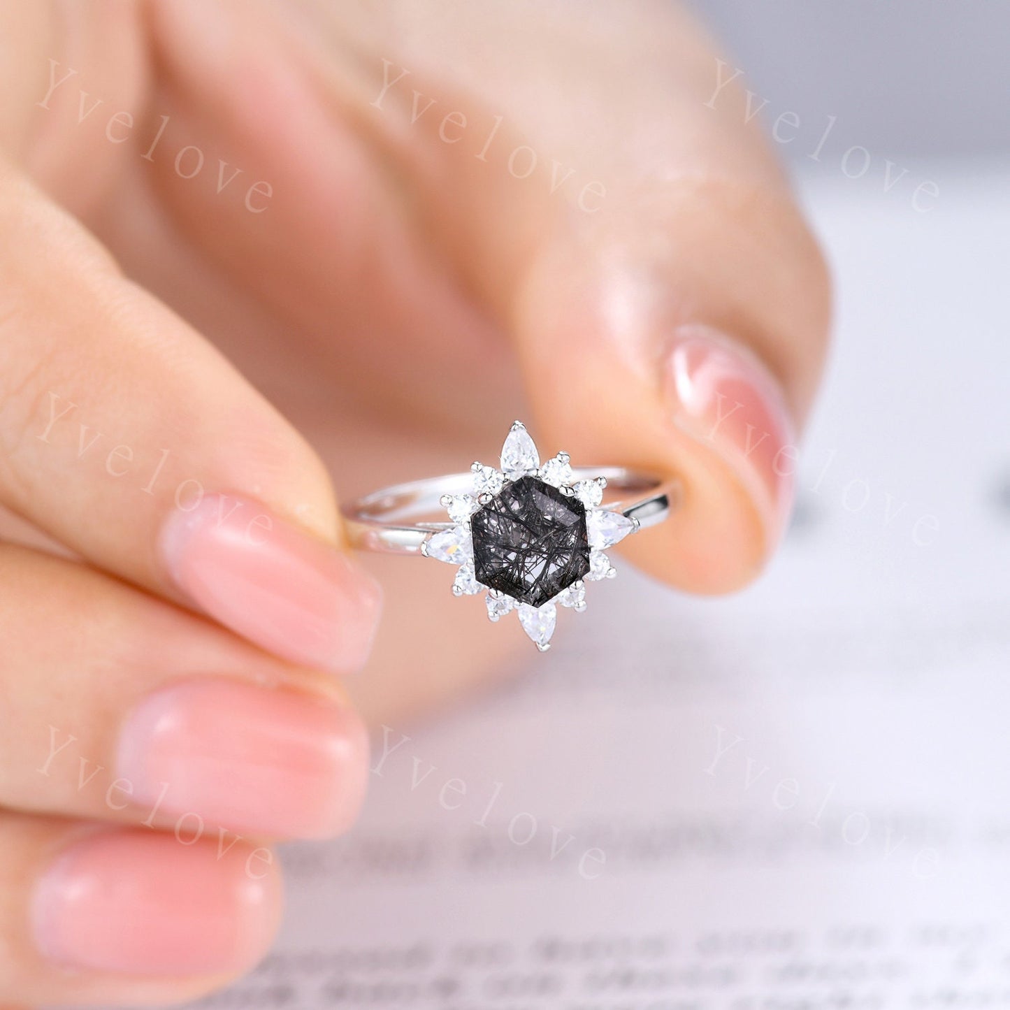 Retro Hexagon Cut Black Rutilated Quartz Engagement Ring,Vingate Moissanite Band,Silver,Women Matching Wedding Ring Set Promise Ring Gift