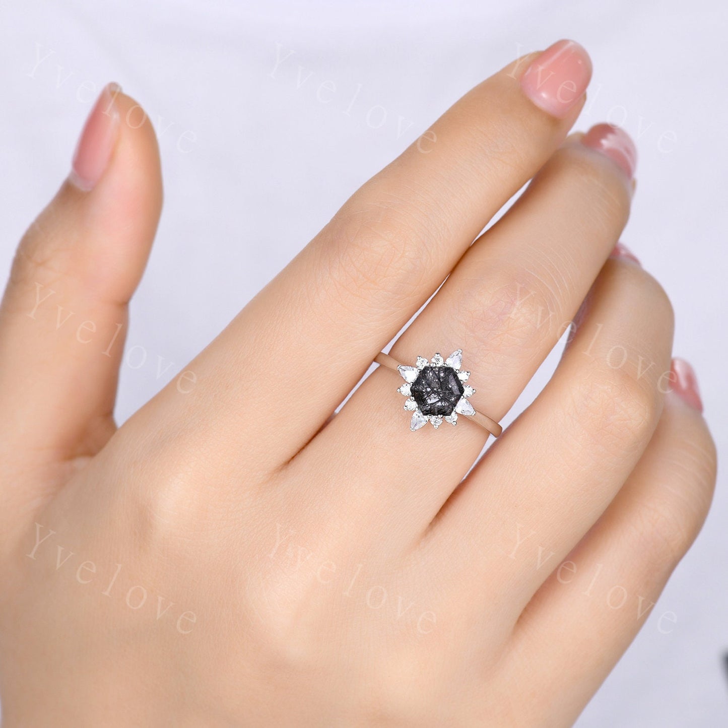 Retro Hexagon Cut Black Rutilated Quartz Engagement Ring,Vingate Moissanite Band,Silver,Women Matching Wedding Ring Set Promise Ring Gift
