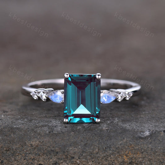 Emerald cut Alexandrite ring sterling silver ring for women vintage unique Alexandrite engagement ring pear moonstone wedding Promise ring