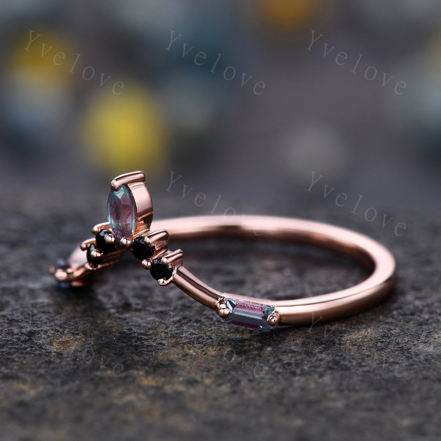 Marquise Alexandrite Wedding band,Baguette Alexandrite,Vintage Retro Gold Ring,Black Spinel Stone,Women V Curved Stacking Band Bridal Gift