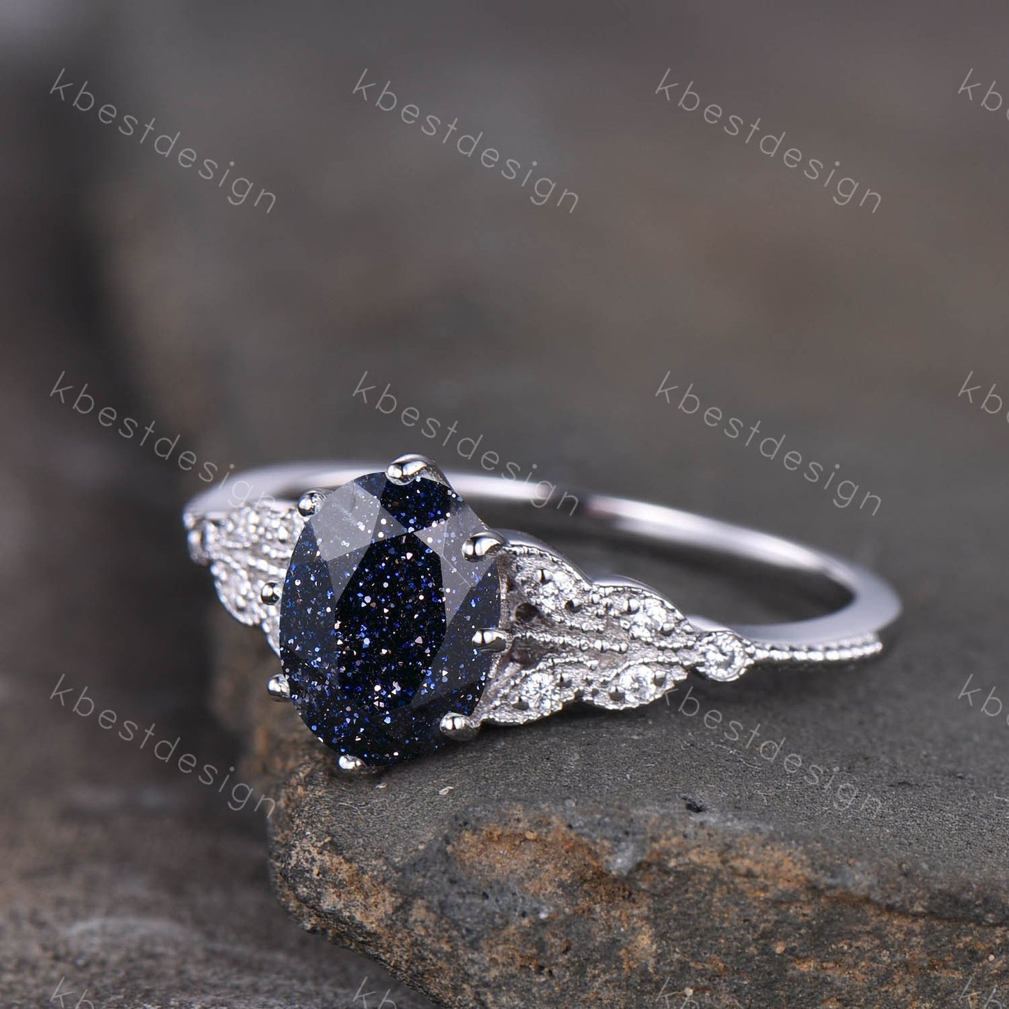Galaxy Sandstone Ring Oval Blue Sandstone Engagement Ring Sterling Silver Ring Unique Art Deco Bridal Wedding Ring Promise Anniversary Ring