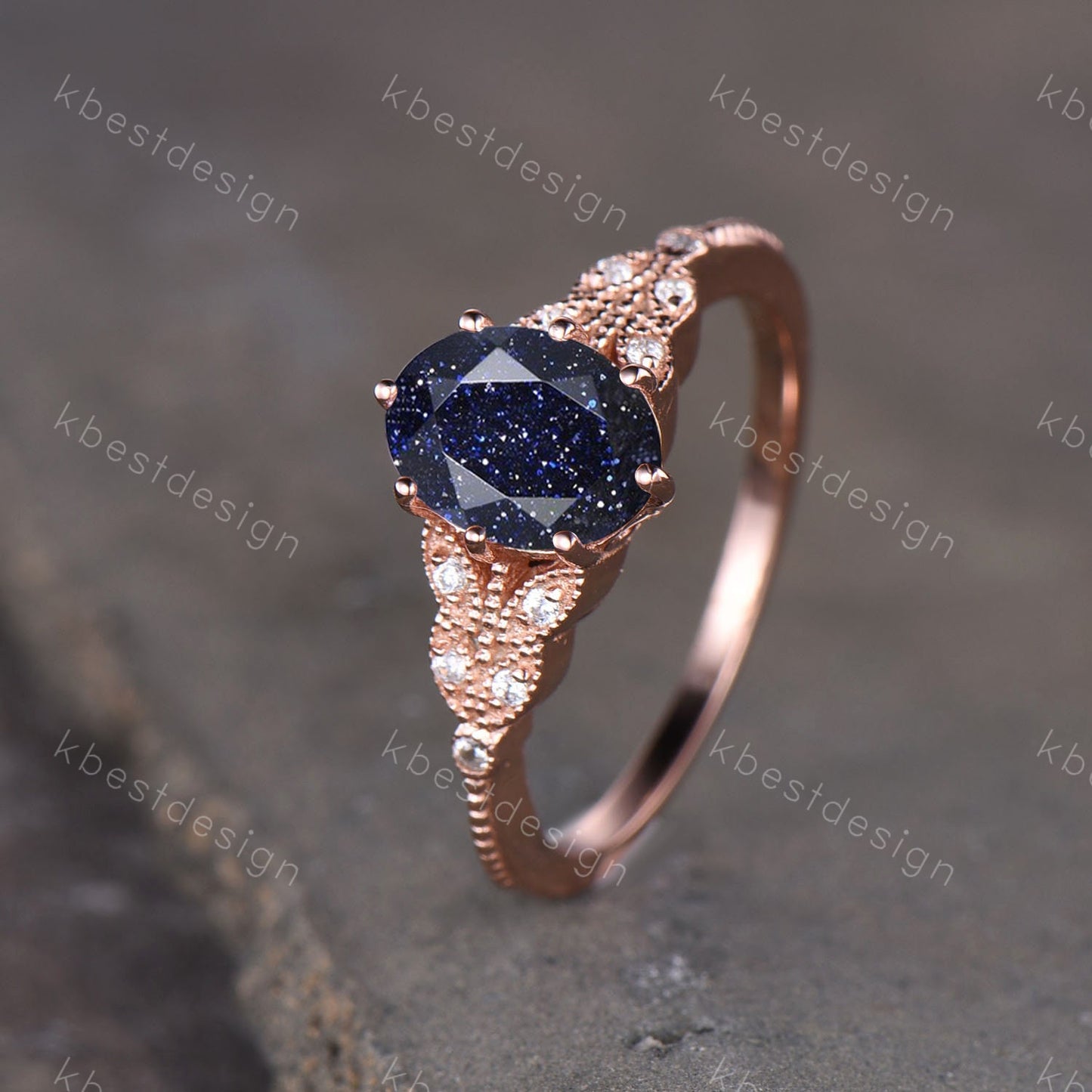 Galaxy Sandstone Ring Oval Blue Sandstone Engagement Ring Sterling Silver Ring Unique Art Deco Bridal Wedding Ring Promise Anniversary Ring