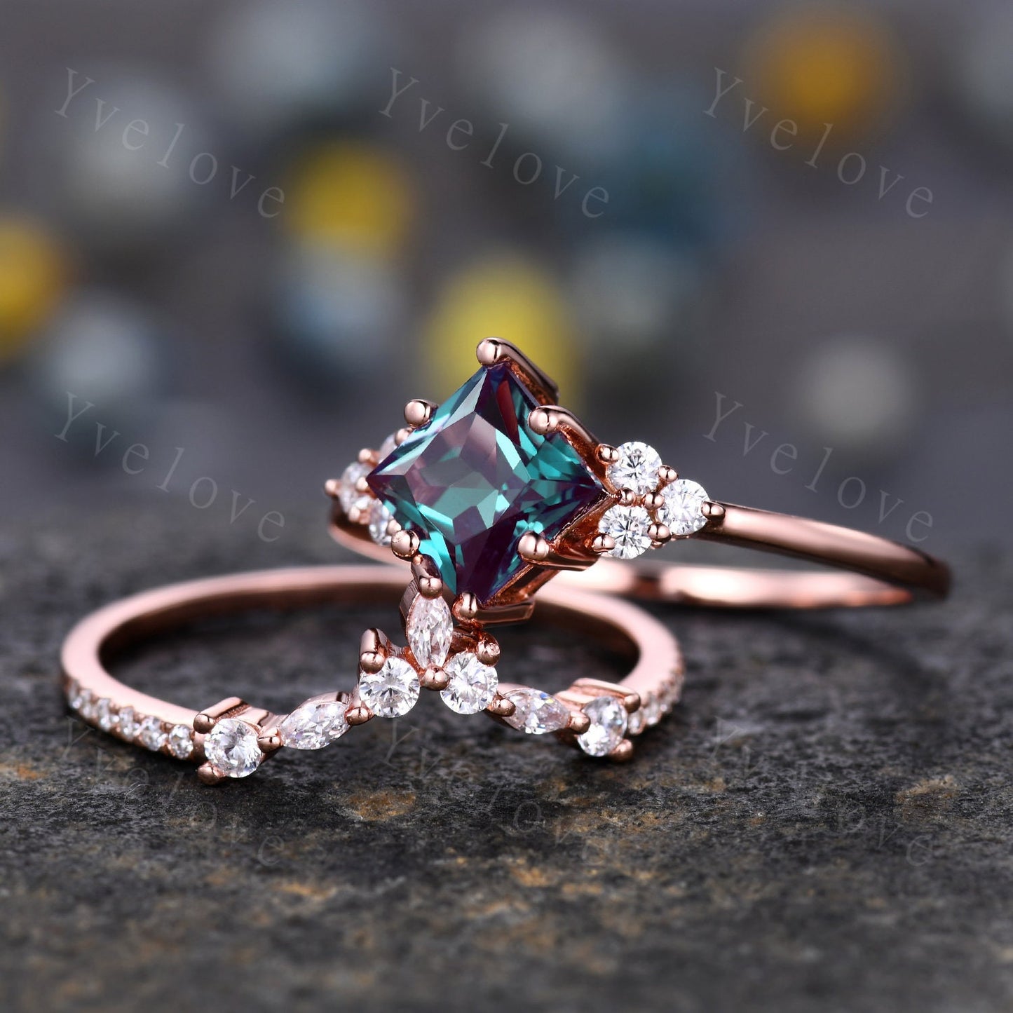 Vintage Unique Alexandrite Ring Set,Princess Cut Engagement Ring Set,Moissanite Matching band,June birthtone,14k rose gold,Women Bridal Ring