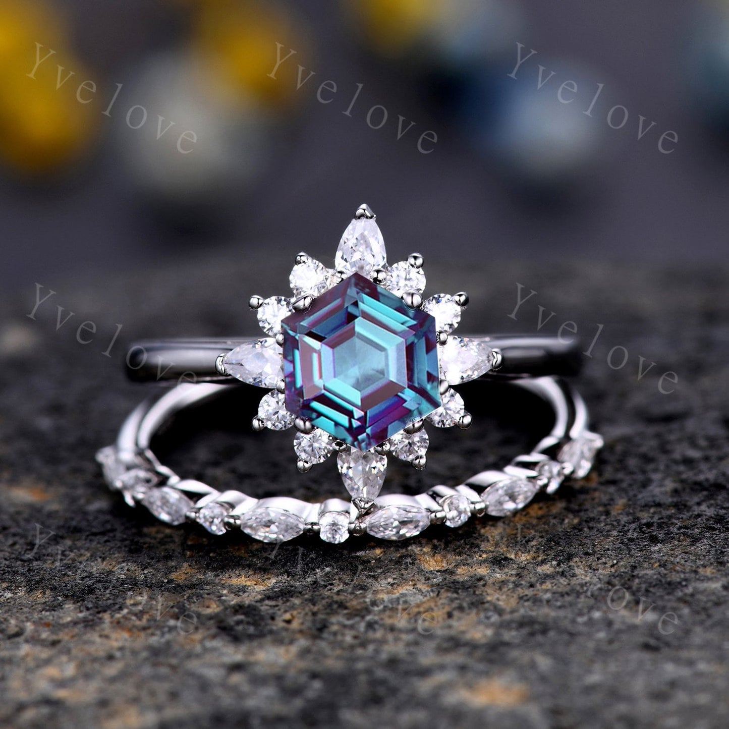 Vintage Moss Agate Engagement Ring Set,Retro Moissanite Band,White Gold Ring,Women Stacking Matching Wedding Band Promise Ring Gift For Her
