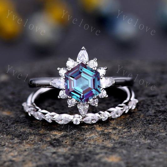 Retro Alexandrite Engagement Ring Set,Vingate Moissanite Band,White Gold Ring,Women Stacking Matching Wedding Ring Promise Ring Gift For Her