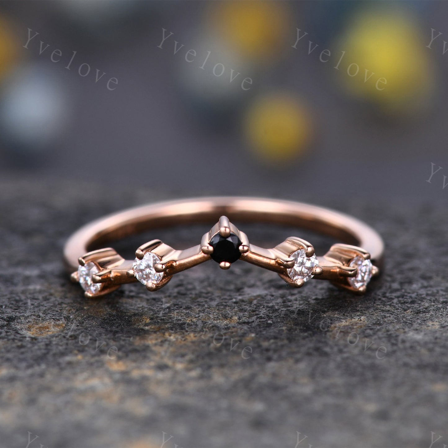 Dainty Moissanite Wedding Band Ring,Women V Curved Wedding Ring,Moissanite Black Spinel Ring,Rose Gold Stacking Bridal Ring,Anniversary Band