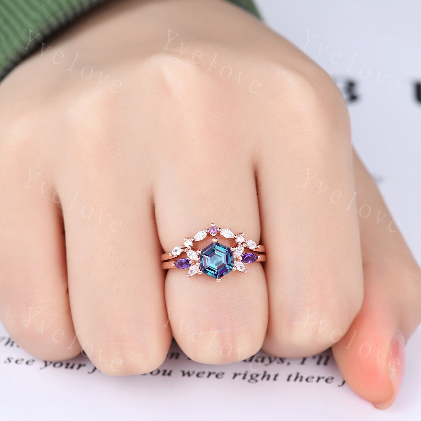 Vintage Hexagon Cut Alexandrite Engagement Ring Rose Gold Women Moissanite Amethyst Gem Matching Band Promise Bridal Stacking Ring Set Gift