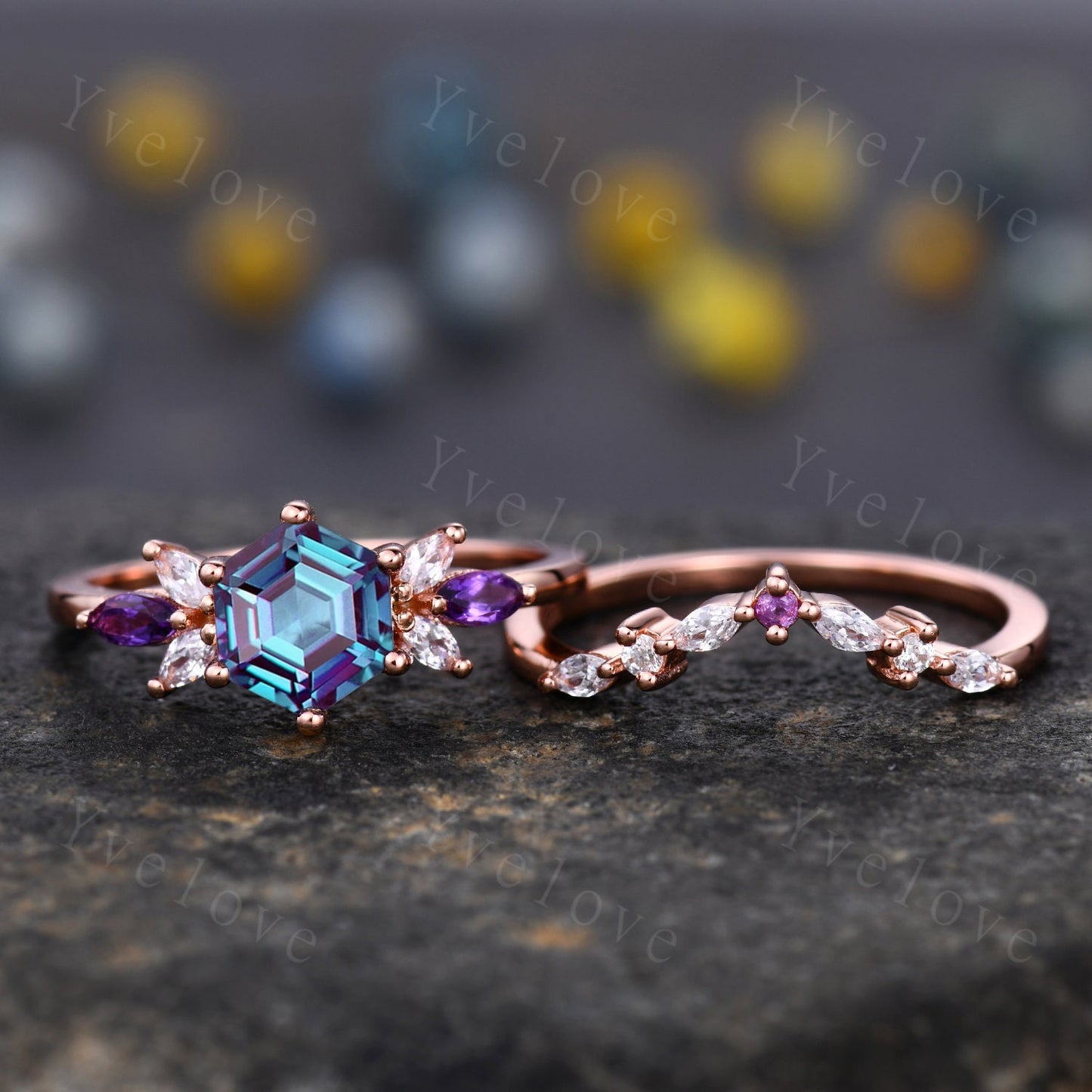 Vintage Hexagon Cut Alexandrite Engagement Ring Rose Gold Women Moissanite Amethyst Gem Matching Band Promise Bridal Stacking Ring Set Gift