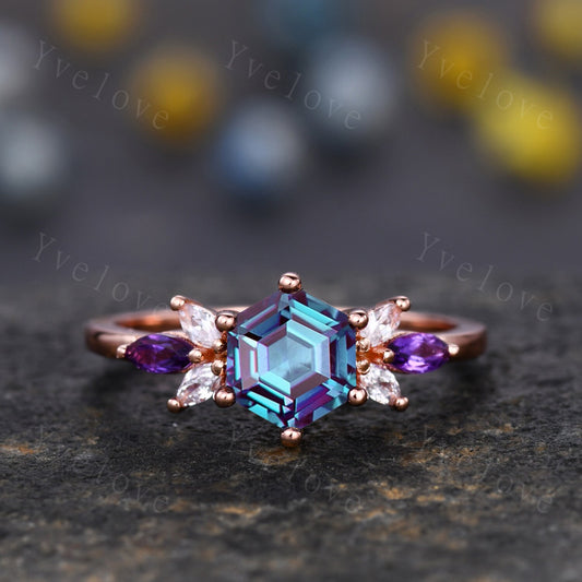 Vintage Hexagon Alexandrite Engagement Ring Set Rose Gold Women Moissanite Amethyst Gem Matching Band Promise Bridal Stacking Ring Set Gift