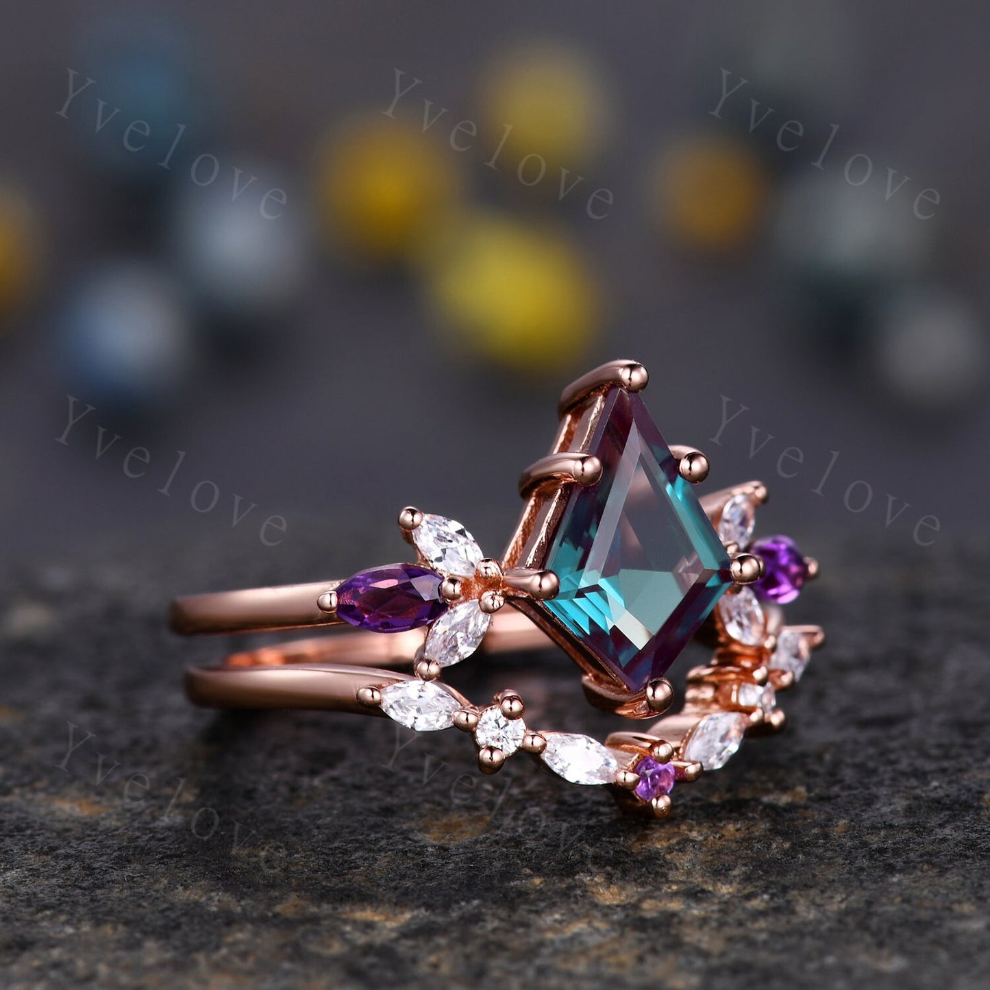 Vintage Kite Cut Alexandrite Engagement Ring Rose Gold Women Unique Moissanite Amethyst Gem Matching Band Promise Bridal Stacking Ring Set