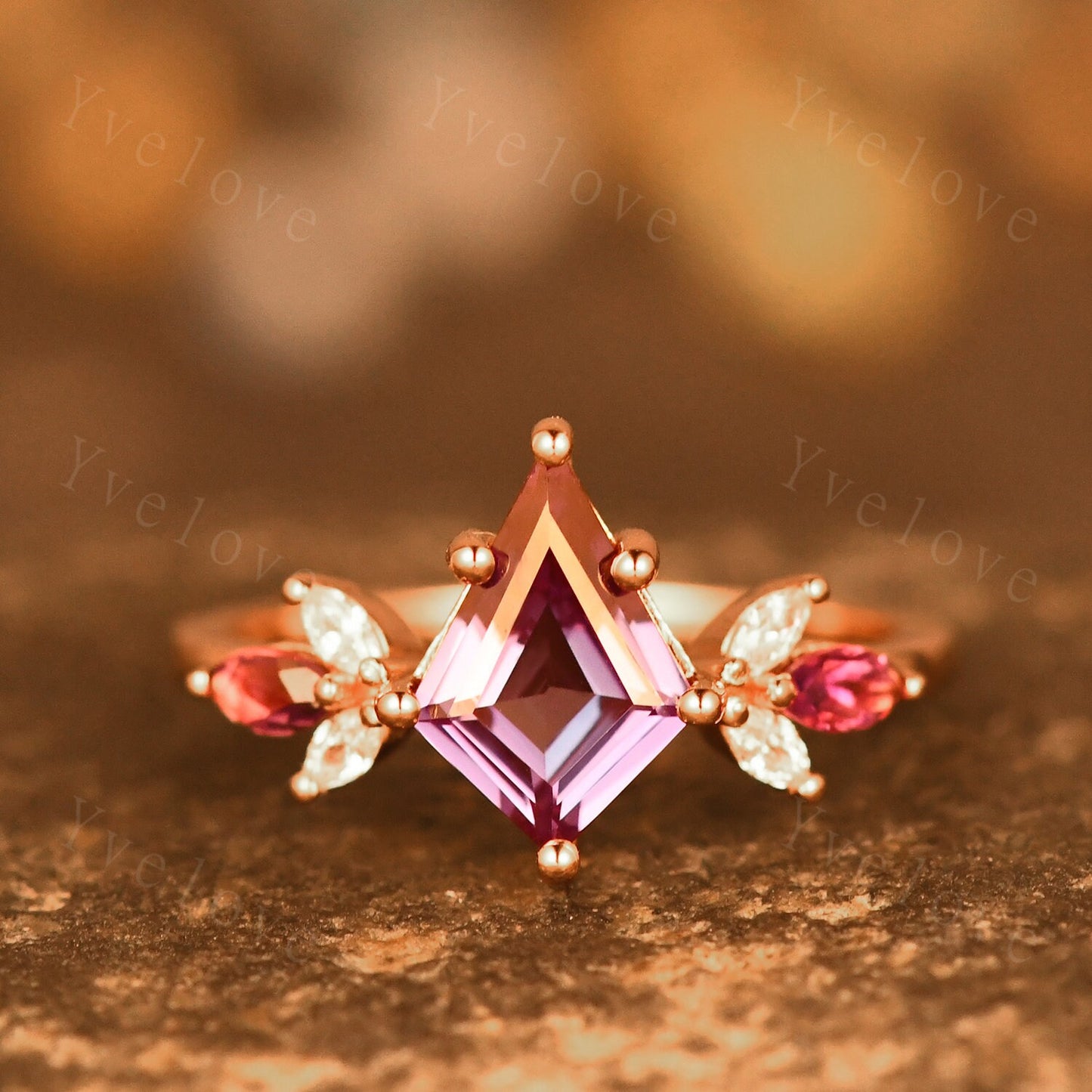 Vintage Kite Cut Alexandrite Engagement Ring Rose Gold Women Unique Moissanite Amethyst Gem Matching Band Promise Bridal Stacking Ring Set