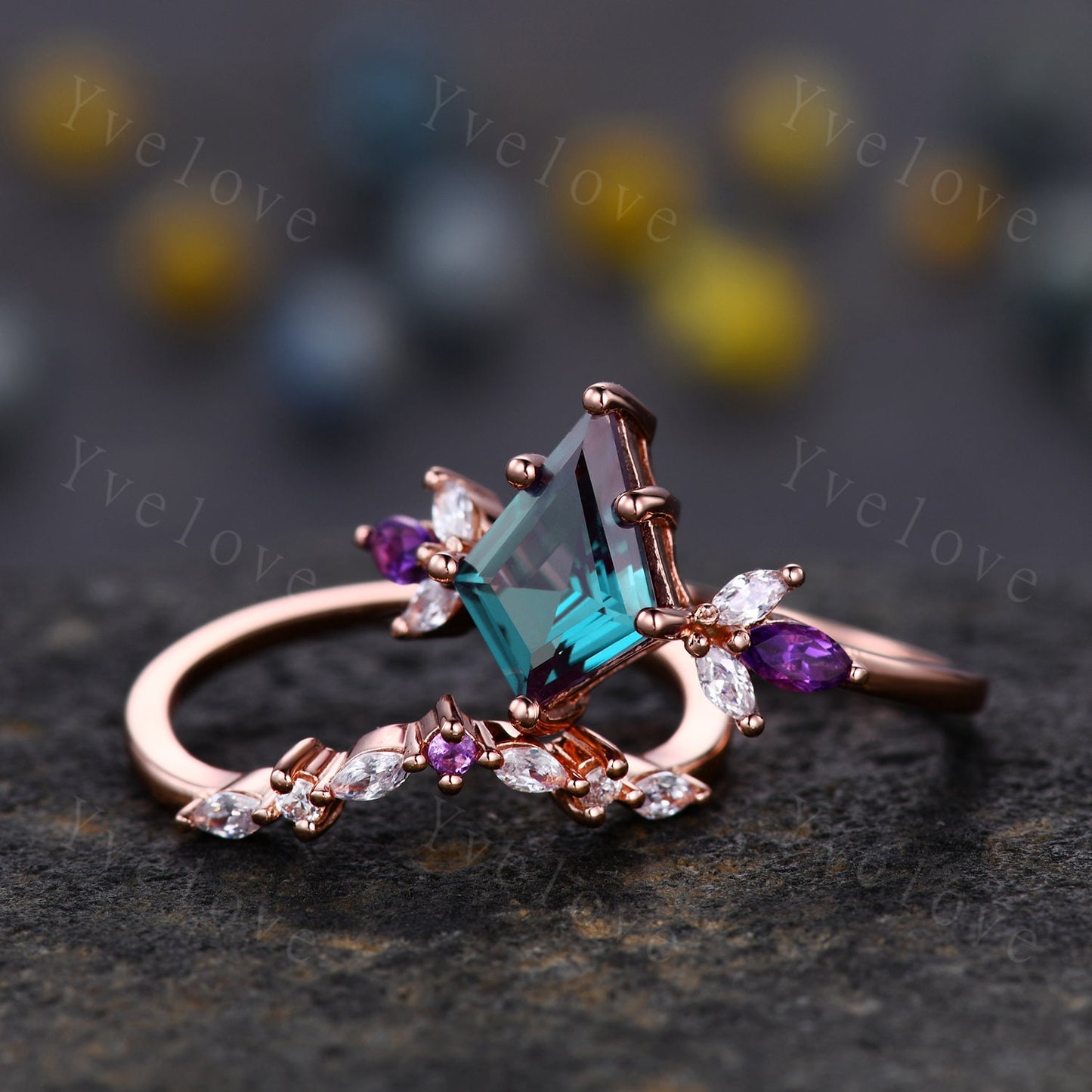 Vintage Kite Cut Alexandrite Engagement Ring Rose Gold Women Unique Moissanite Amethyst Gem Matching Band Promise Bridal Stacking Ring Set