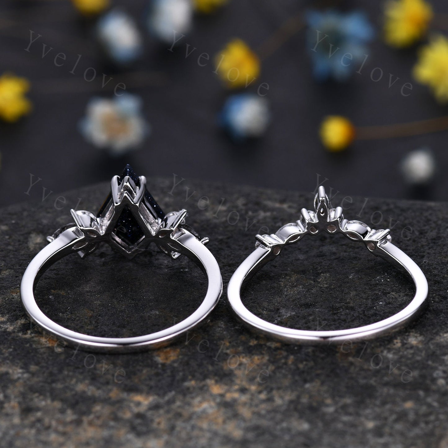 Custom order, replace the main stone to black rutilated quartz, moissanite as the side stones, a set, platinum.