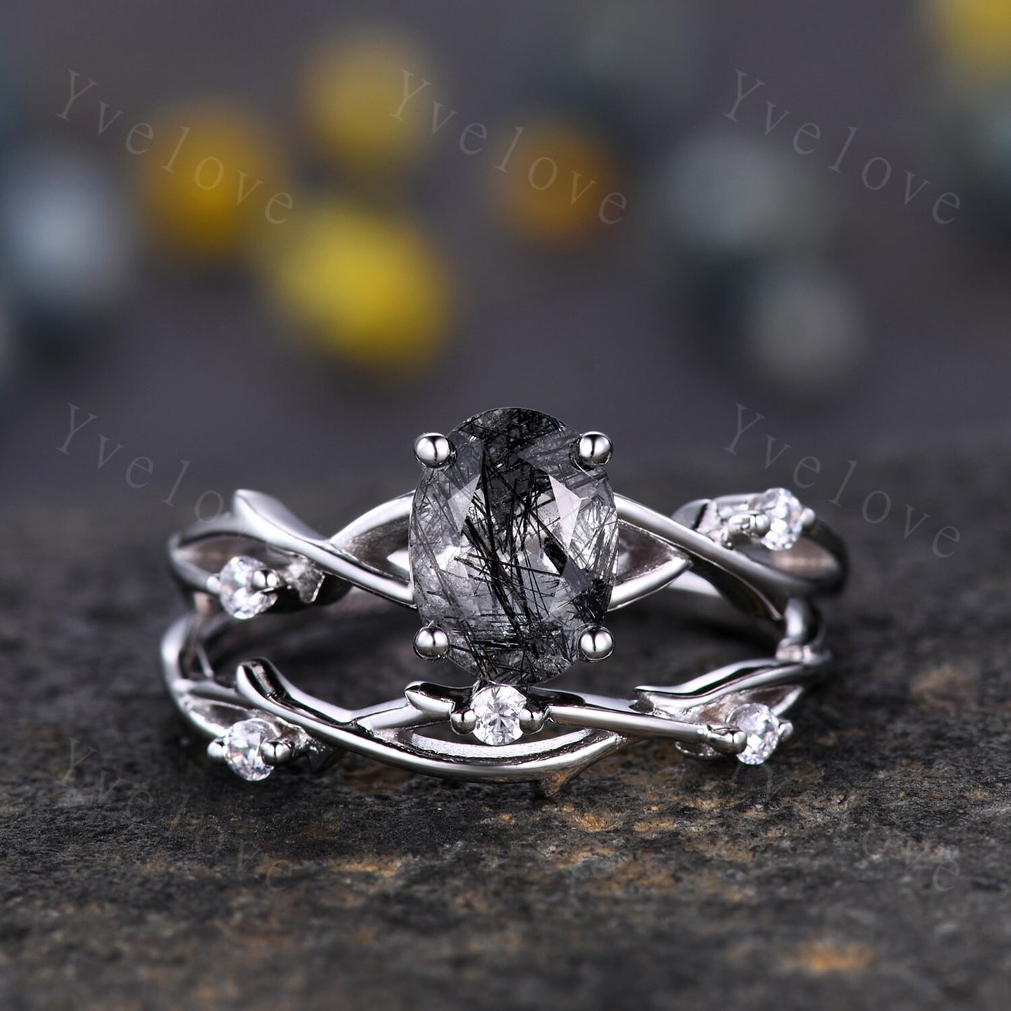 Twig Black Rutilated Quartz Engagement Ring,Oval Vintage Leaf Diamond Ring,Branch Ring,White Gold,Twisted Ring Women Promise Bridal Set Gift