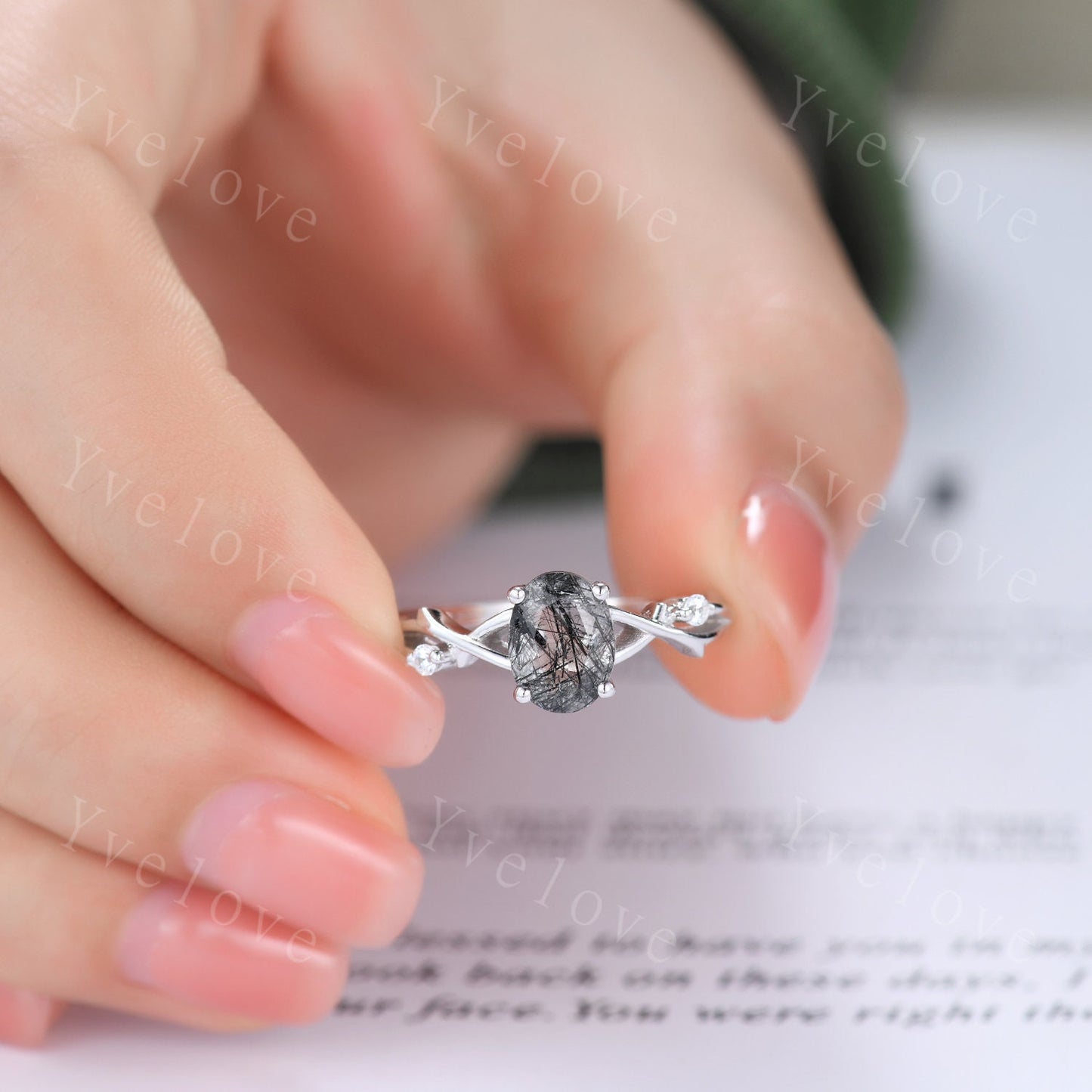 Twig Black Rutilated Quartz Engagement Ring Set,Oval Vintage Leaf Diamond Ring,Branch Ring Rose Gold,Twisted Ring Women Promise Bridal Set