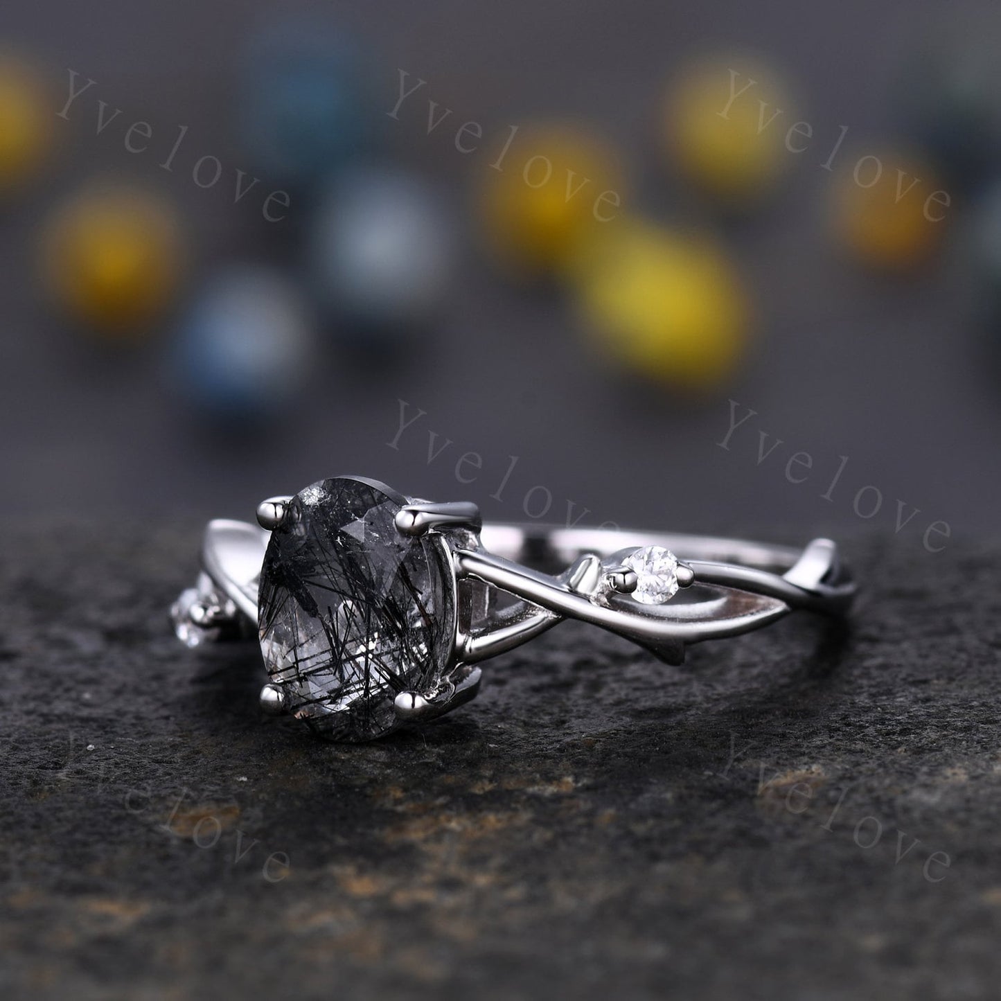 Twig Black Rutilated Quartz Engagement Ring,Oval Vintage Leaf Diamond Ring,Branch Ring,White Gold,Twisted Ring Women Promise Bridal Set Gift