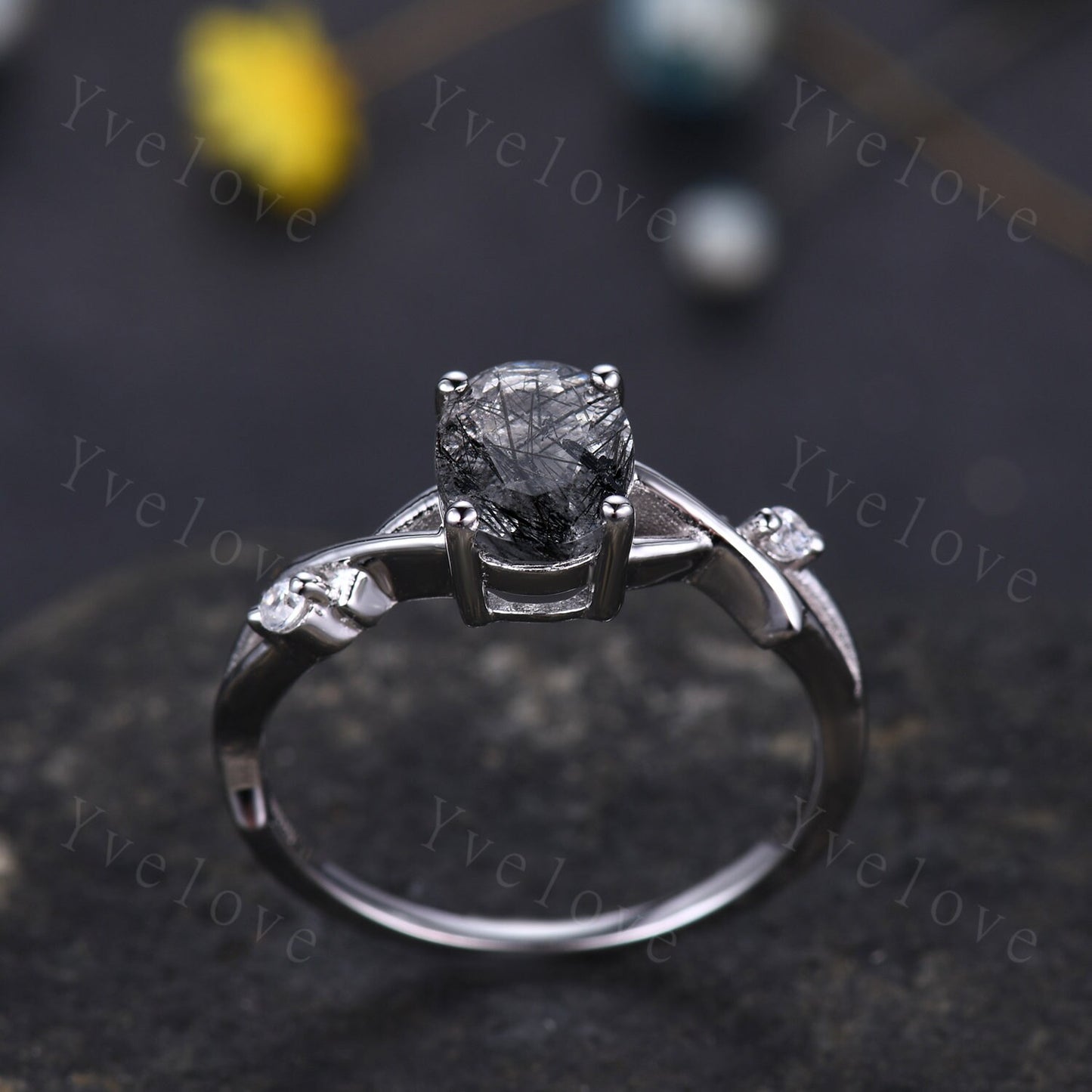 Twig Black Rutilated Quartz Engagement Ring,Oval Vintage Leaf Diamond Ring,Branch Ring,White Gold,Twisted Ring Women Promise Bridal Set Gift