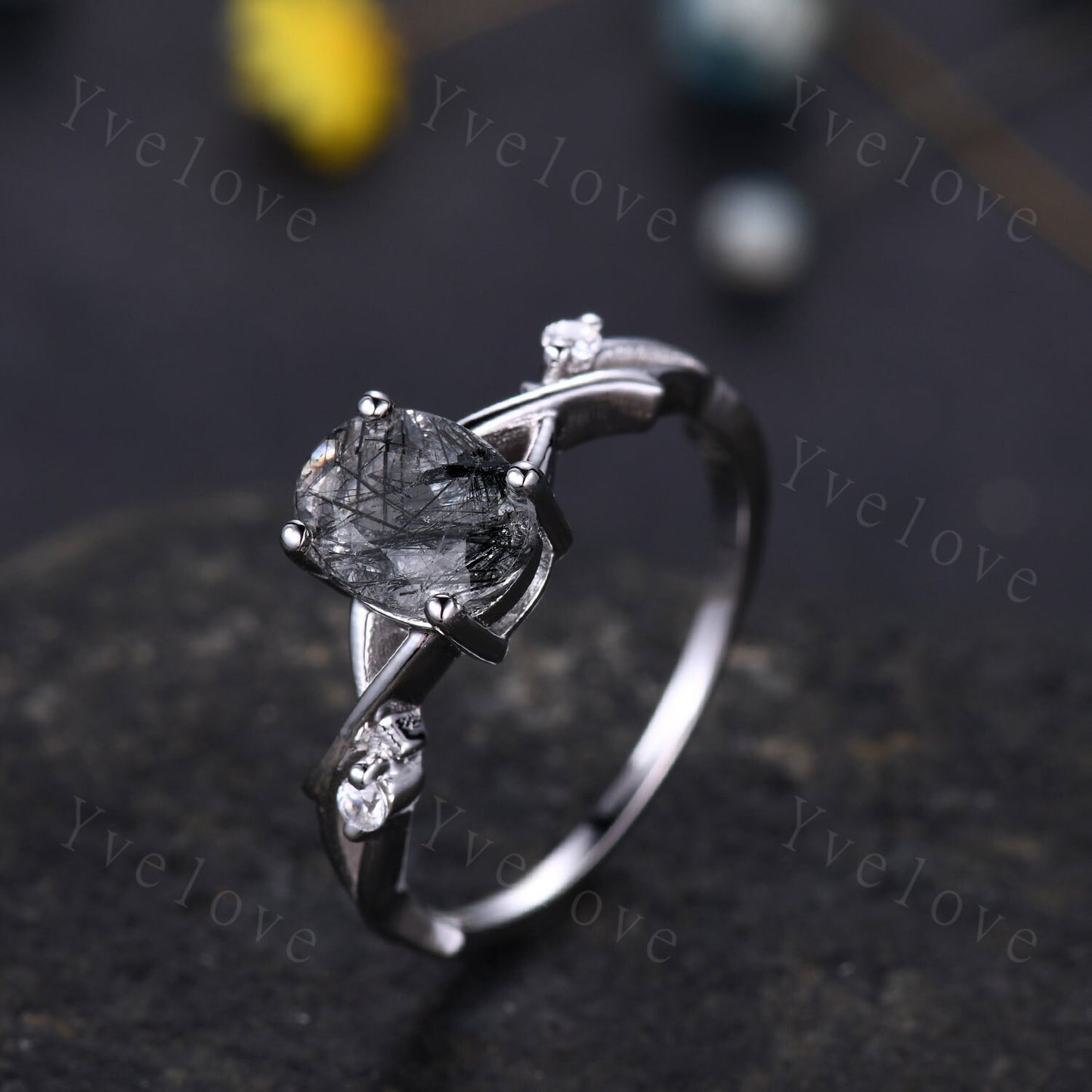 Twig Black Rutilated Quartz Engagement Ring,Oval Vintage Leaf Diamond Ring,Branch Ring,White Gold,Twisted Ring Women Promise Bridal Set Gift