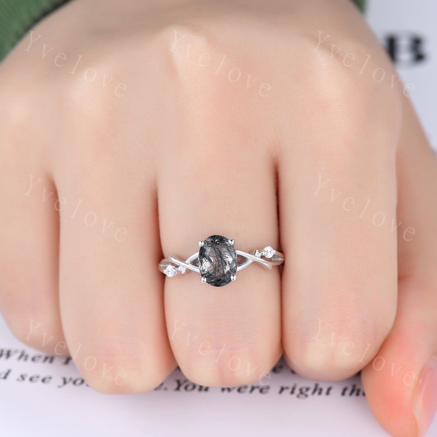 Twig Black Rutilated Quartz Engagement Ring,Oval Vintage Leaf Diamond Ring,Branch Ring,White Gold,Twisted Ring Women Promise Bridal Set Gift