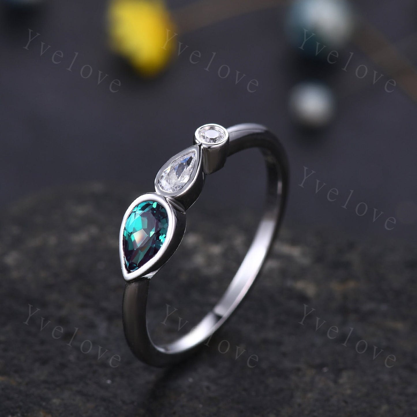 Vintage Alexandrite Engagement Ring,Bezel Set,Pear Cut Gem,Art Deco Moissanite Wedding Band,Unique Women Bridal Promise Ring,Sterling Silver
