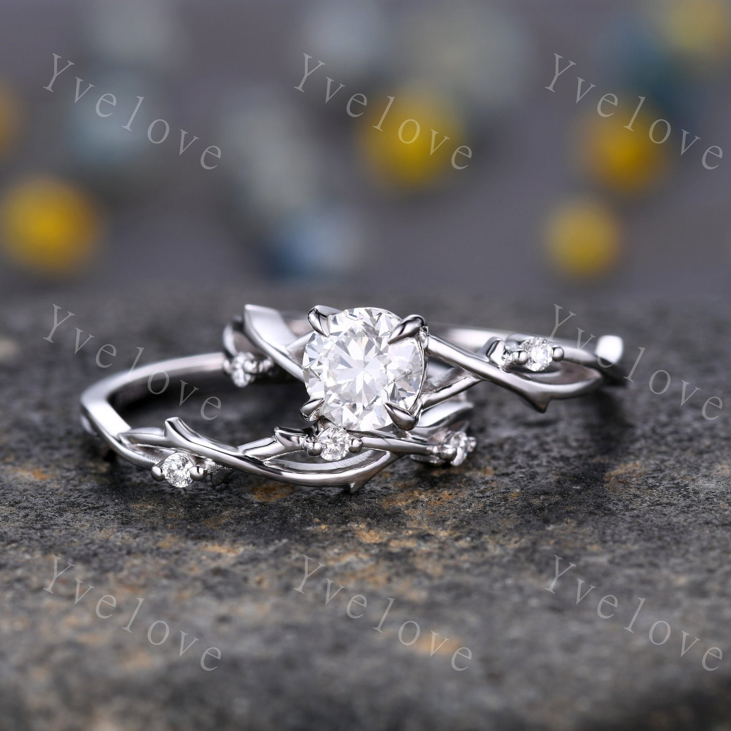 1.2ct Moissanite Engagement Ring Set,Twisted Ring Set,Leaf and Vines Moissanite Bridal Set,Branch Ring,Twig Diamond Ring Set,14k White Gold