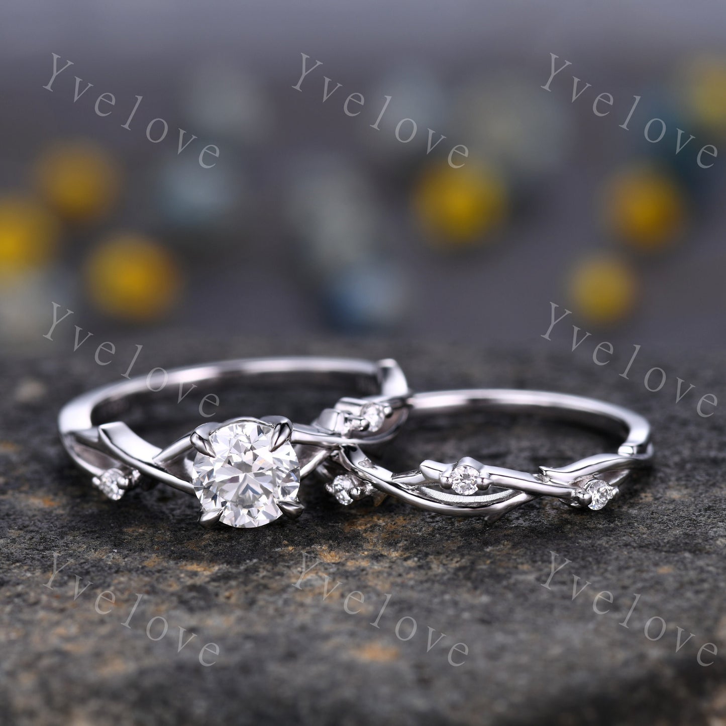 1.2ct Moissanite Engagement Ring Set,Twisted Ring Set,Leaf and Vines Moissanite Bridal Set,Branch Ring,Twig Diamond Ring Set,14k White Gold