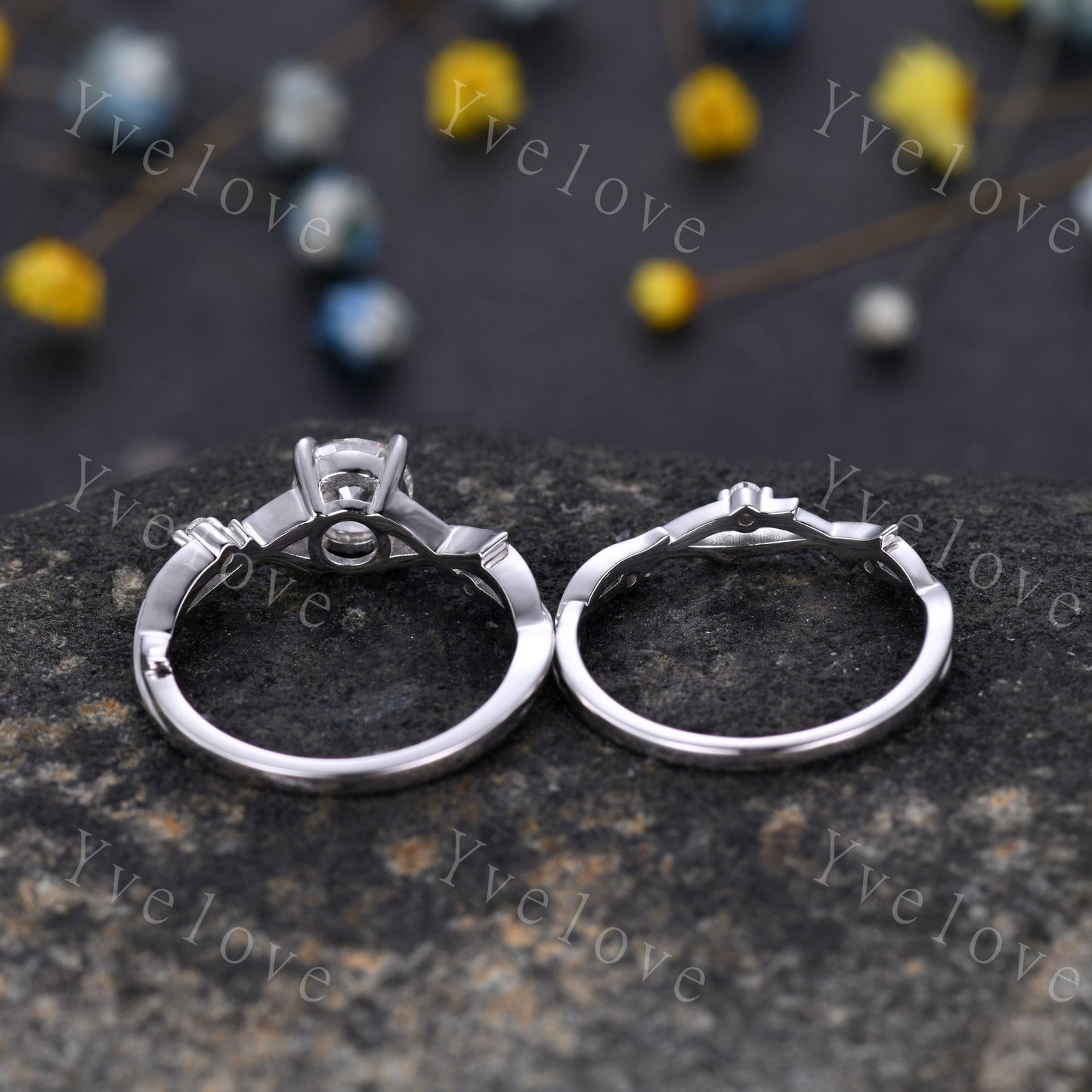 1.2ct Moissanite Engagement Ring Set,Twisted Ring Set,Leaf and Vines Moissanite Bridal Set,Branch Ring,Twig Diamond Ring Set,14k White Gold