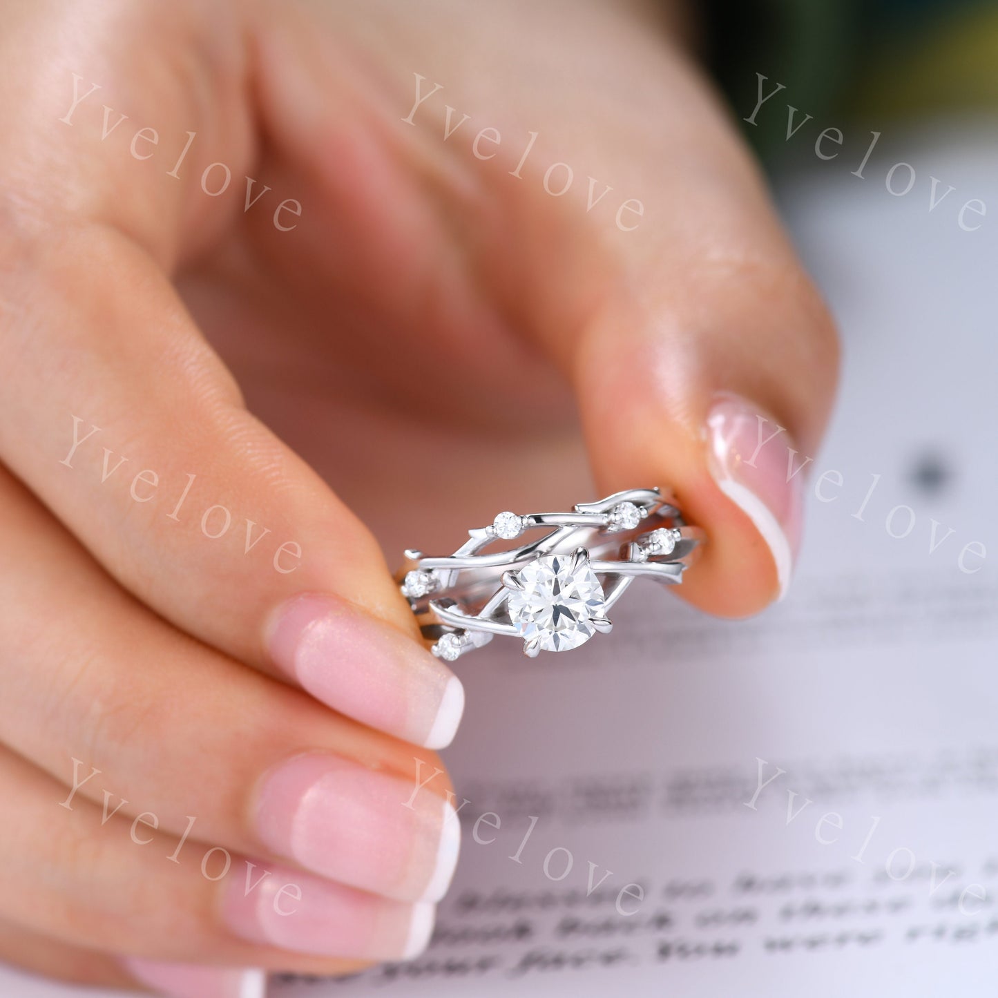 1.2ct Moissanite Engagement Ring Set,Twisted Ring Set,Leaf and Vines Moissanite Bridal Set,Branch Ring,Twig Diamond Ring Set,14k White Gold