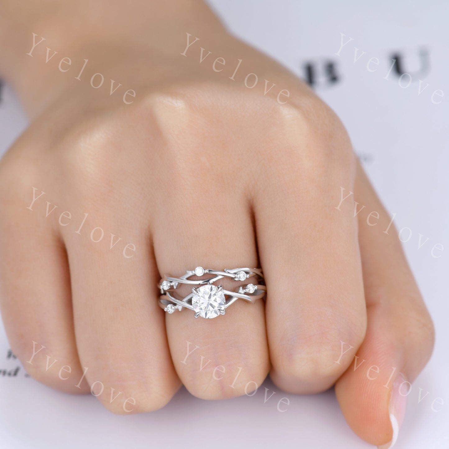 1.2ct Moissanite Engagement Ring Set,Twisted Ring Set,Leaf and Vines Moissanite Bridal Set,Branch Ring,Twig Diamond Ring Set,14k White Gold